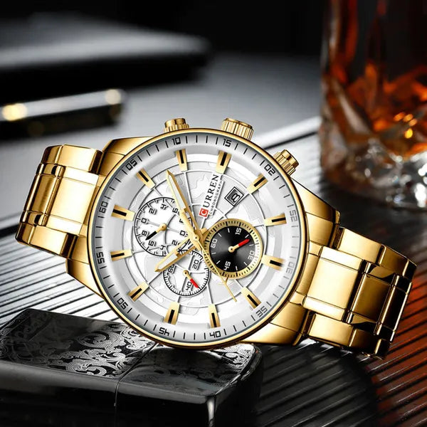 Curren 8362 férfi kronográf kvarcóra, 42 mm, arany fémszíj, WR30, díszdoboz