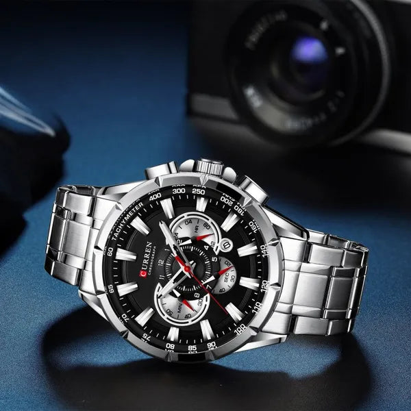Curren 8363 férfi karóra kronográf kvarc ezüst fémszíj fekete számlap 42 mm