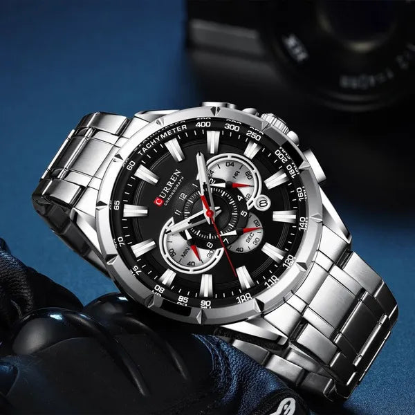 Curren 8363 férfi karóra kronográf kvarc ezüst fémszíj fekete számlap 42 mm
