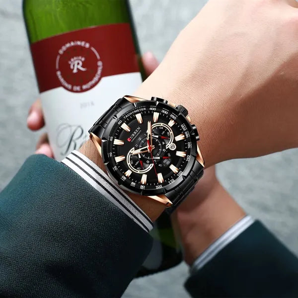 Curren 8363 férfi karóra, kvarc, kronográf, 42 mm, fekete/rózsaarany, fém szíj