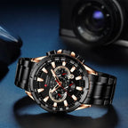 Curren 8363 férfi karóra, kvarc, kronográf, 42 mm, fekete/rózsaarany, fém szíj