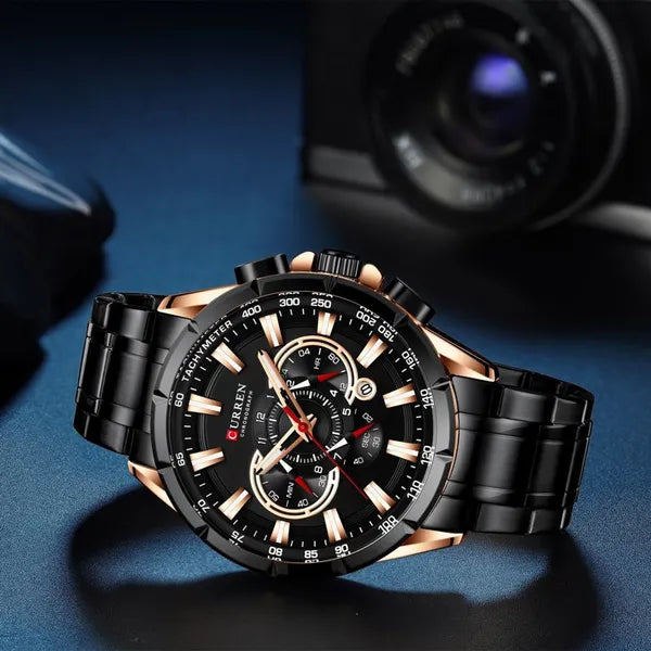 Curren 8363 férfi karóra, kvarc, kronográf, 42 mm, fekete/rózsaarany, fém szíj