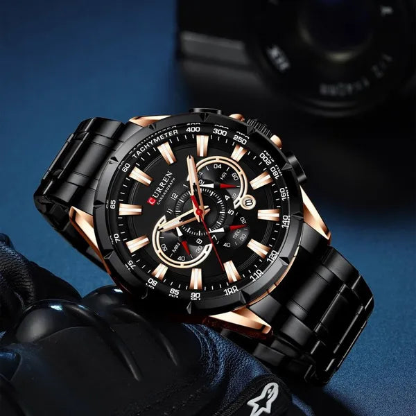 Curren 8363 férfi karóra, kvarc, kronográf, 42 mm, fekete/rózsaarany, fém szíj