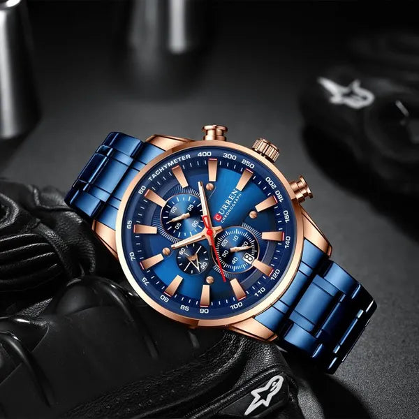Curren 8351 férfi kronográf karóra, kék számlap, rózsaarany tok, 43 mm, WR30