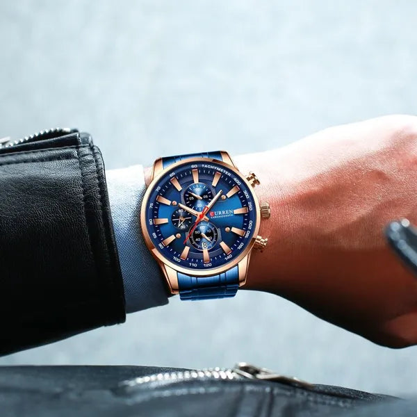 Curren 8351 férfi kronográf karóra, kék számlap, rózsaarany tok, 43 mm, WR30
