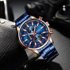 Curren 8351 férfi kronográf karóra, kék számlap, rózsaarany tok, 43 mm, WR30