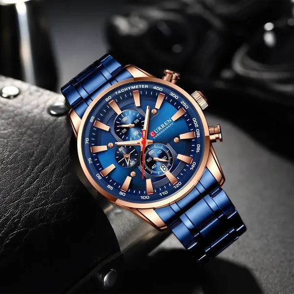 Curren 8351 férfi kronográf karóra, kék számlap, rózsaarany tok, 43 mm, WR30