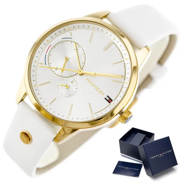 Tommy Hilfiger 1782018 női karóra, arany tok, fehér bőrszíj, ezüst számlap