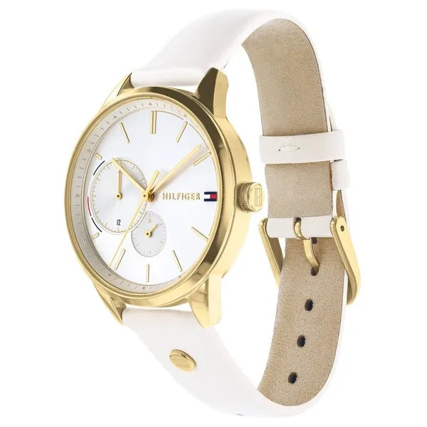 Tommy Hilfiger 1782018 női karóra, arany tok, fehér bőrszíj, ezüst számlap