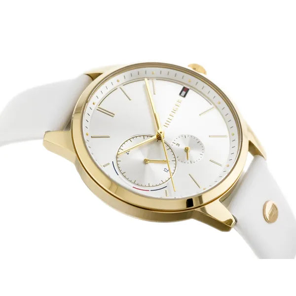 Tommy Hilfiger 1782018 női karóra, arany tok, fehér bőrszíj, ezüst számlap