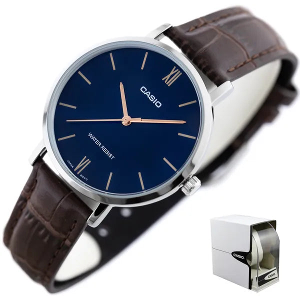 Casio LTP-VT01L-2B női karóra, kék számlap, barna bőr szíj, 34 mm