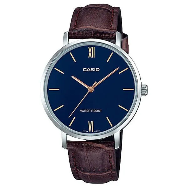 Casio LTP-VT01L-2B női karóra, kék számlap, barna bőr szíj, 34 mm