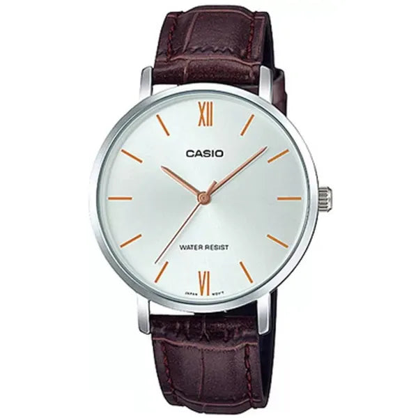 Casio LTP-VT01L-7B2UDF női karóra, 34 mm, barna bőr, WR30, ezüst számlap