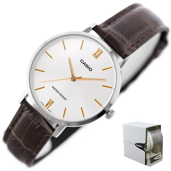 Casio LTP-VT01L-7B2UDF női karóra, 34 mm, barna bőr, WR30, ezüst számlap