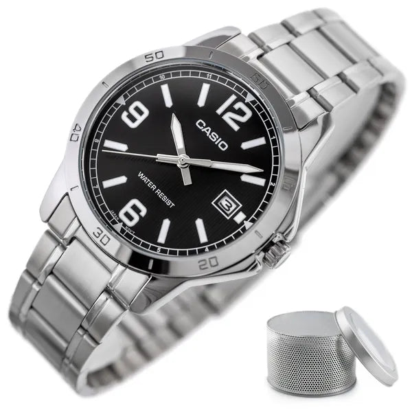 Casio férfi karóra MTP-V004D-1B2, acél szíj, 42 mm, WR30, dátum, díszdobozzal