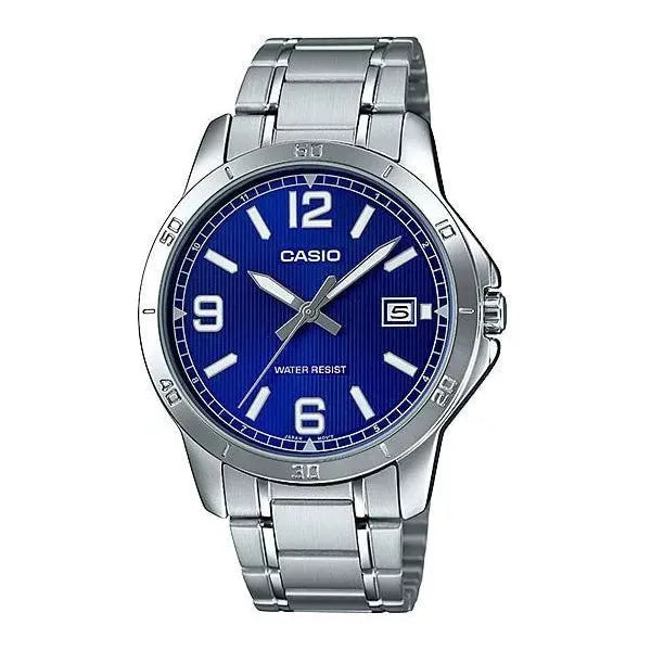 Casio MTP-V004D-2B férfi karóra, acél szíj, kék számlap, dátum, WR30, kvarc