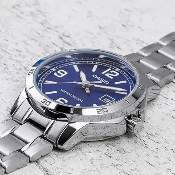 Casio MTP-V004D-2B férfi karóra, acél szíj, kék számlap, dátum, WR30, kvarc