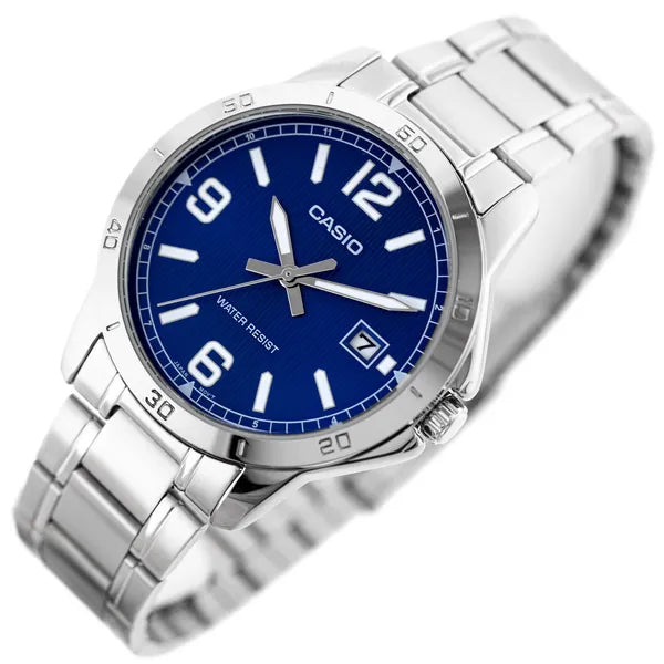 Casio MTP-V004D-2B férfi karóra, acél szíj, kék számlap, dátum, WR30, kvarc