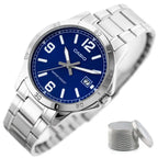 Casio MTP-V004D-2B férfi karóra, acél szíj, kék számlap, dátum, WR30, kvarc