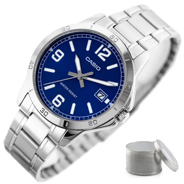 Casio MTP-V004D-2B férfi karóra, acél szíj, kék számlap, dátum, WR30, kvarc