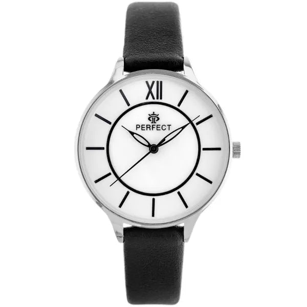 Perfect E346-2 női kvarc karóra, 34 mm, fekete bőr szíj, ezüst tok, WR30