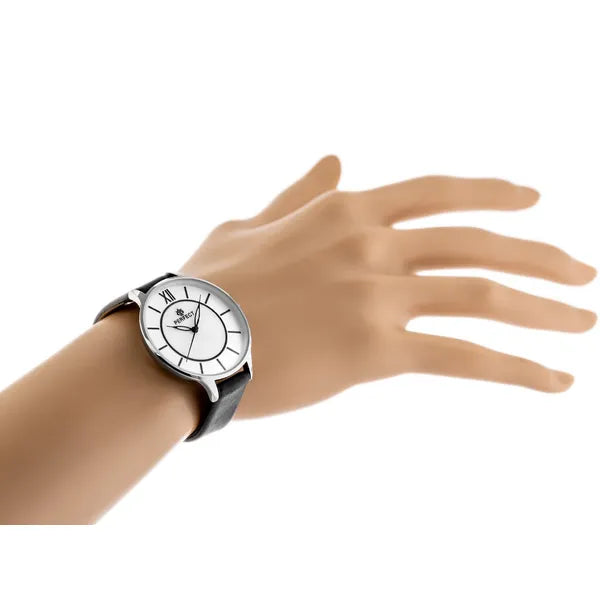 Perfect E346-2 női kvarc karóra, 34 mm, fekete bőr szíj, ezüst tok, WR30