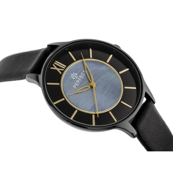 Perfect E346-6 női kvarc karóra, fekete bőrszíj, 36×43 mm, WR30