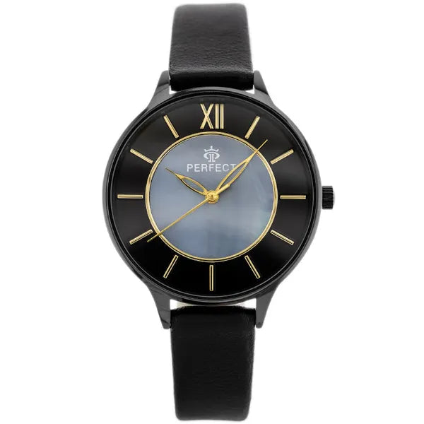 Perfect E346-6 női kvarc karóra, fekete bőrszíj, 36×43 mm, WR30