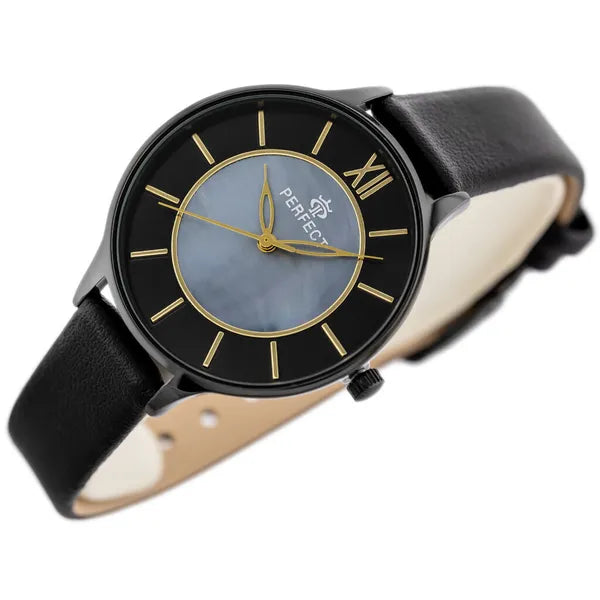 Perfect E346-6 női kvarc karóra, fekete bőrszíj, 36×43 mm, WR30