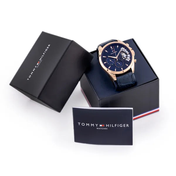 Tommy Hilfiger Baker férfi karóra, kék számlap, bőr szíj, rózsaarany tok, WR50