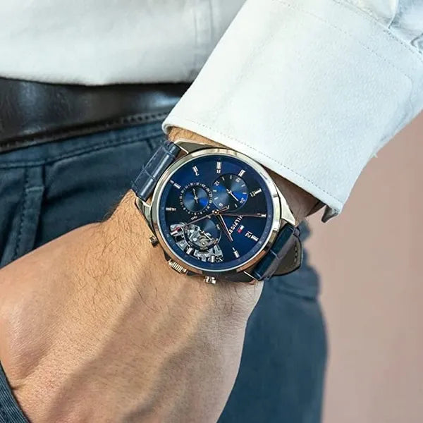 Tommy Hilfiger Baker férfi karóra, kék számlap, bőr szíj, rózsaarany tok, WR50