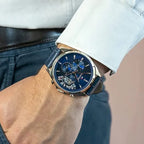 Tommy Hilfiger Baker férfi karóra, kék számlap, bőr szíj, rózsaarany tok, WR50