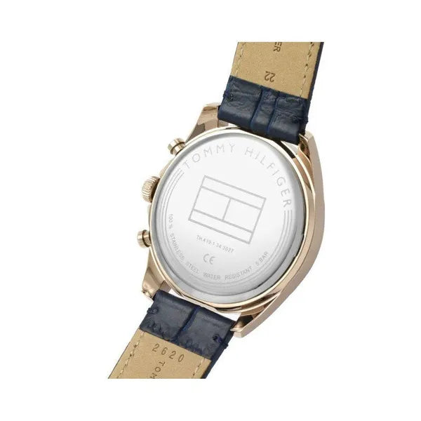 Tommy Hilfiger Baker férfi karóra, kék számlap, bőr szíj, rózsaarany tok, WR50
