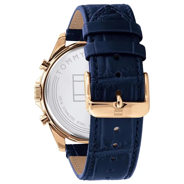 Tommy Hilfiger Baker férfi karóra, kék számlap, bőr szíj, rózsaarany tok, WR50