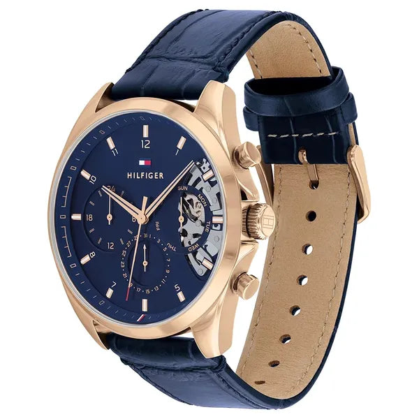 Tommy Hilfiger Baker férfi karóra, kék számlap, bőr szíj, rózsaarany tok, WR50
