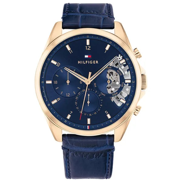 Tommy Hilfiger Baker férfi karóra, kék számlap, bőr szíj, rózsaarany tok, WR50