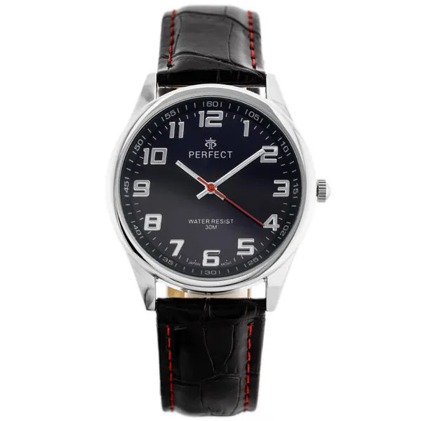 Férfi kvarc karóra, fekete bőrszíj, kék számlap, 39 mm, WR30