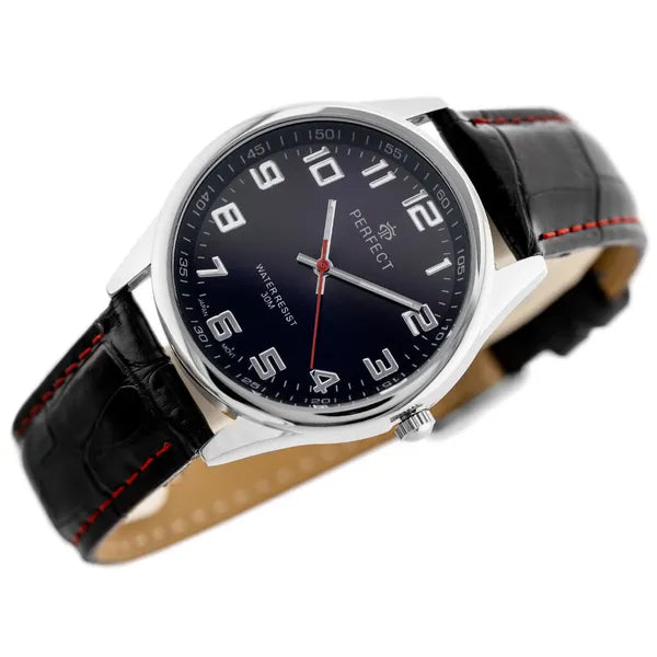 Férfi kvarc karóra, fekete bőrszíj, kék számlap, 39 mm, WR30