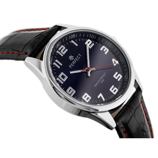 Férfi kvarc karóra, fekete bőrszíj, kék számlap, 39 mm, WR30