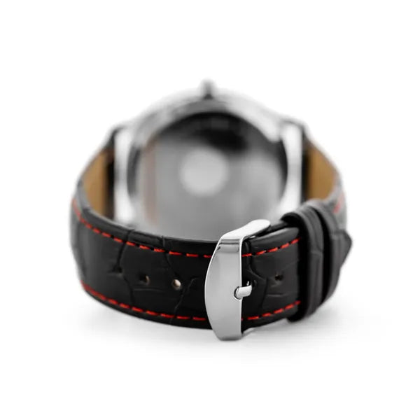 Férfi kvarc karóra, fekete bőrszíj, kék számlap, 39 mm, WR30