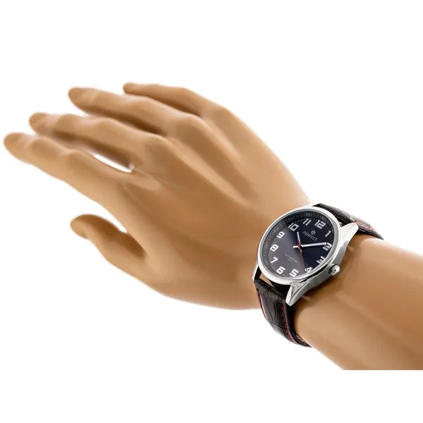 Férfi kvarc karóra, fekete bőrszíj, kék számlap, 39 mm, WR30
