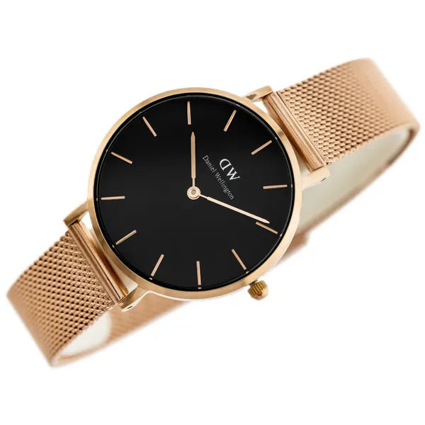 Daniel Wellington Petite Melrose női karóra 32 mm, fekete, rózsaarany hálós szíj