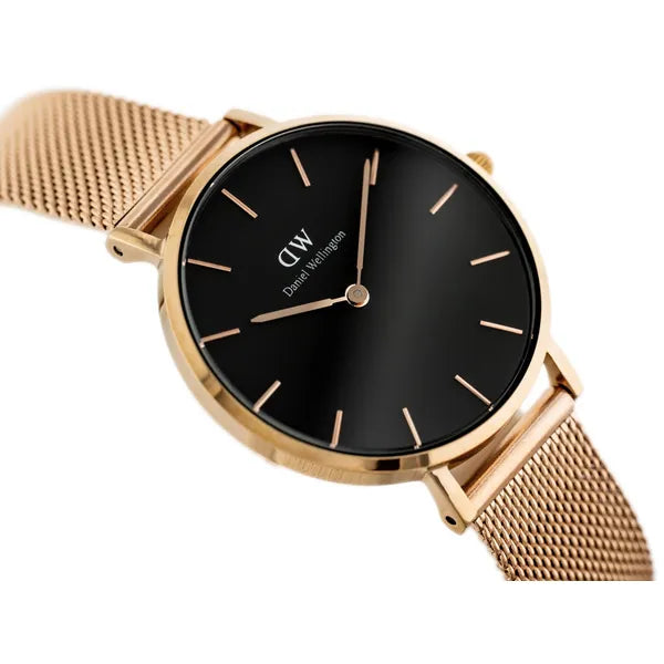 Daniel Wellington Petite Melrose női karóra 32 mm, fekete, rózsaarany hálós szíj