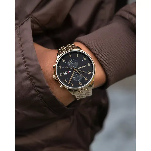 Tommy Hilfiger férfi karóra 1791708 WEST, arany acél, fekete számlap, WR50