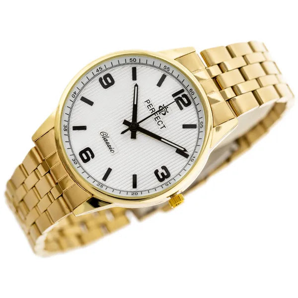 Perfect férfi karóra, kvarc Miyota, arany fém szíj, ezüst számlap, WR30, 40 mm