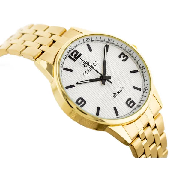 Perfect férfi karóra, kvarc Miyota, arany fém szíj, ezüst számlap, WR30, 40 mm