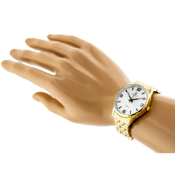 Perfect férfi karóra, kvarc Miyota, arany fém szíj, ezüst számlap, WR30, 40 mm
