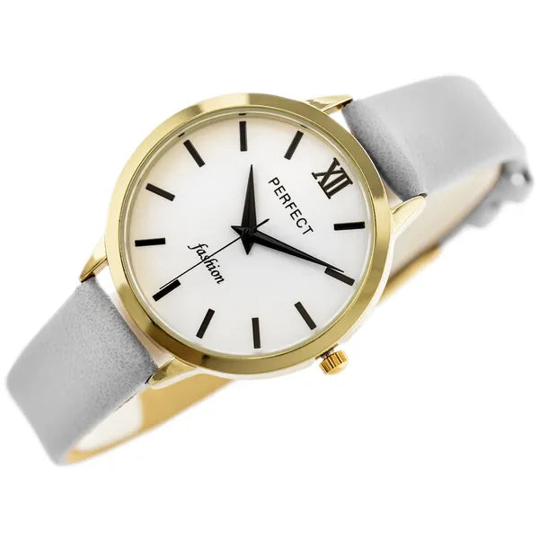 Perfect L202 női kvarc karóra, arany tok, fehér számlap, szürke bőr szíj, 30 mm