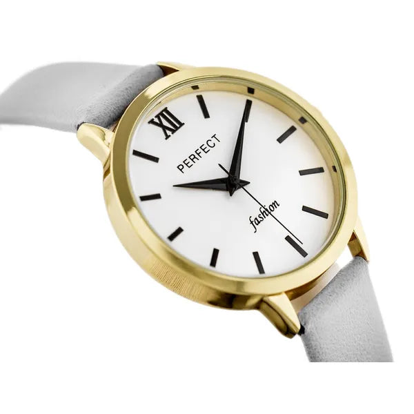 Perfect L202 női kvarc karóra, arany tok, fehér számlap, szürke bőr szíj, 30 mm