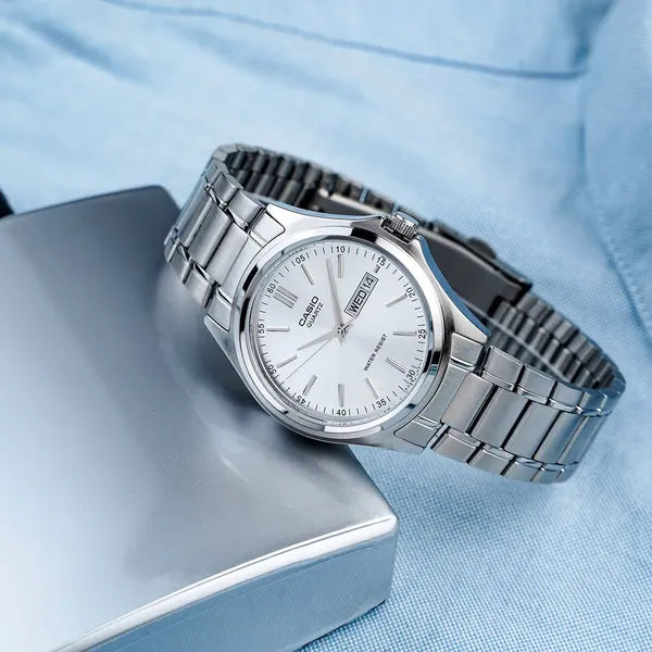 Casio MTP-1239D-7ADF férfi kvarc karóra, acél, ezüst, dátum, WR30, 37 mm